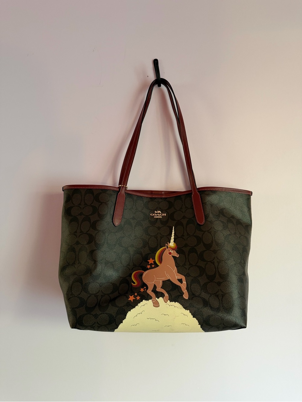 Coach Brown Signature Tote with Unicorn Motif